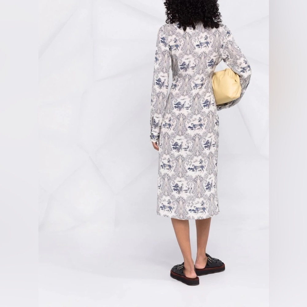 PINKO White Blue Panther Print Long Sleeve Midi Dress - Picture 4 of 16